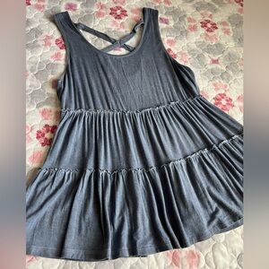 Rewind Dusty Blue Dark Chambray Sleeveless Tiered Ruffle Tunic Top Criss Cross L